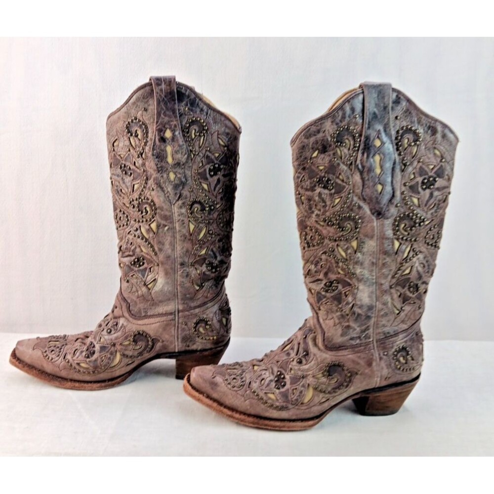 Corral Boots #1098 Women’s 7.5M Brown Bone Inlay Studded Western Cowboy